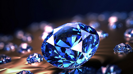 钻石蓝色背景图片_蓝宝石蓝色钻石与钻石组的 3D 插图