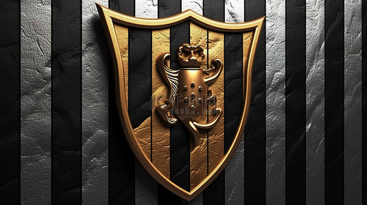 黑色条纹带背景图片_带金色条纹的中世纪盾牌的黑白 3D 插图