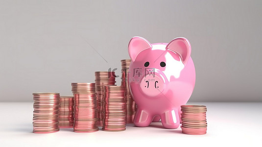 白色背景，粉红色的存钱罐和 3d 呈现的一叠美元硬币，这是一种节省资金的创意商业理念