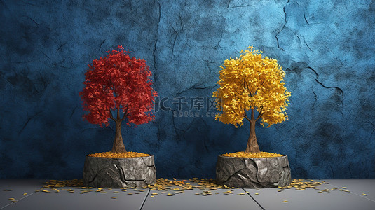 3 棵树，有鲜艳的黄色红色和蓝色叶子，反对土壤纹理讲台 3d 渲染背景