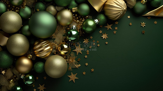 圣诞盒子背景图片_金色 3D 装饰绿色圣诞贺卡
