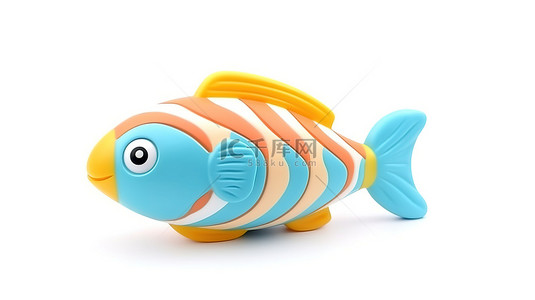 婴儿蓝色背景背景图片_白色背景下新生鱼出牙玩具的 3D 渲染