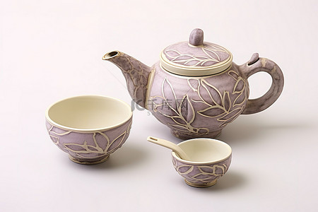 一个茶壶里放着一杯叶子和一个小杯子