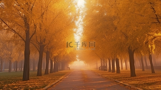 昏暗小巷背景图片_雾蒙蒙的夜晚，秋季公园金色绿树成荫的小巷的数字 3D 渲染