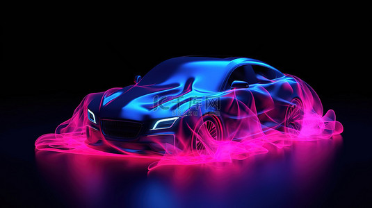 蓝色和粉色照明的天鹅绒覆盖汽车的 3D 插图