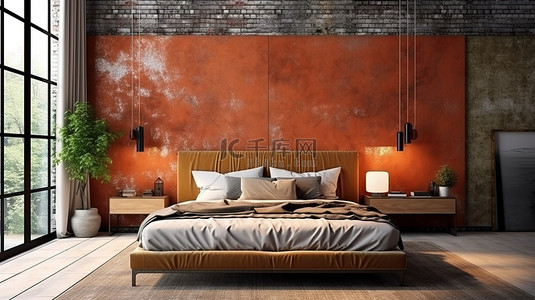 令人惊叹的 3D 渲染，阁楼风格的卧室配有混凝土地板红砖墙和舒适的棕色布床