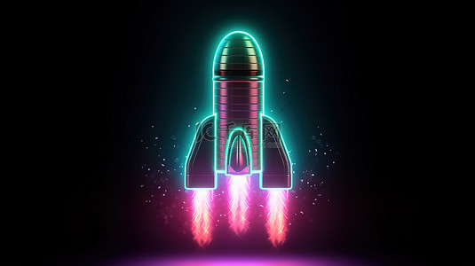 图标火箭背景图片_用于 ui ux 界面的 3d 渲染霓虹灯太空火箭发射图标的暗发光符号