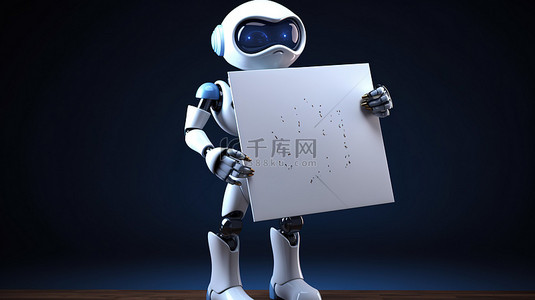 木板卡通背景图片_3D 渲染中的空登上可爱人工智能机器人