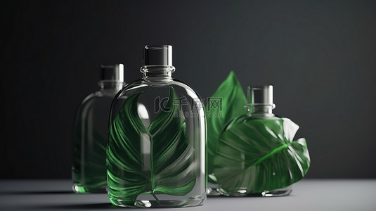 时尚的产品展示 3D 渲染的带有叶子装饰的泵瓶