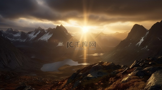 挪威雄伟的高海拔山脉上壮观的阳光 3D 渲染背景