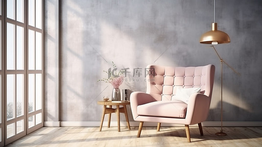 家庭树关系图背景图片_简约的斯堪的纳维亚风格扶手椅，位于空荡荡的时髦室内 3D 插图中