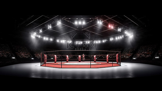 跆拳道道具背景图片_壮观的 MMA 战斗之夜独立侧视图，具有灯光效果和 3D 八边形渲染