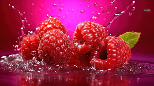红色背景食品背景图片_充满活力的 3D 插图覆盆子在大胆的红色背景下被水溅湿
