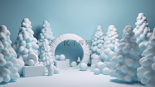 卡通新年礼盒背景图片_圣诞仙境 3d 场景，圆形讲台糖果拱门和雪覆盖的树，带礼盒