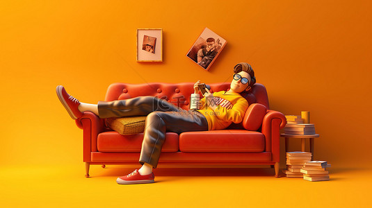 沙发上放松的大学生的 3D 插图