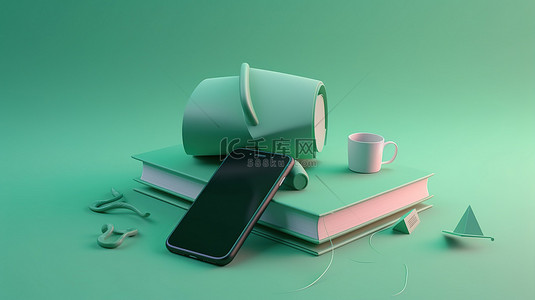 浅绿色背景上的毕业帽书和手机的逼真 3D 形状描绘了在线学习的概念