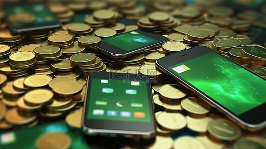 稻草人钱包背景图片_使用移动钱包在智能手机之间移动硬币的无缝汇款 3D 渲染