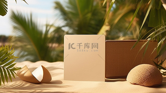 米色热带夏季背景，带纸卡样机空白模板，适合您的业务设计和品牌 3D 渲染