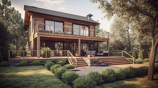 一个豪华的家，有一个庞大的木甲板和郁郁葱葱的草坪 3d 渲染