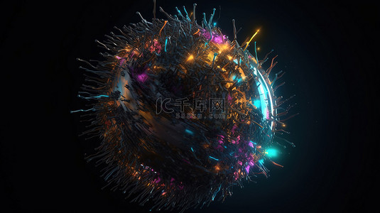 从 3d 渲染中的暗球体发出的彩色粒子描绘了快速的技术和信息传输