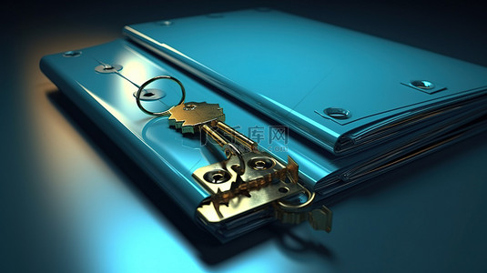 带锁和钥匙的文件夹的数字安全 3D 插图