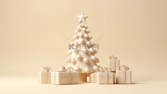 奶油背景 3d 渲染上的节日圣诞树和新年礼物横幅