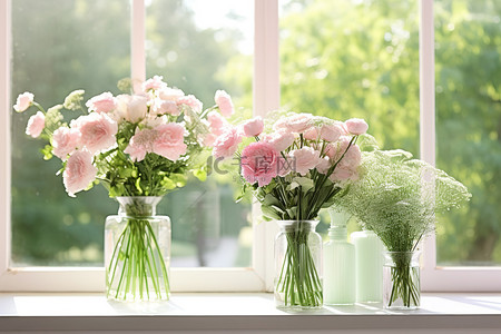 插花花束背景图片_窗台上眼镜中的鲜花花束