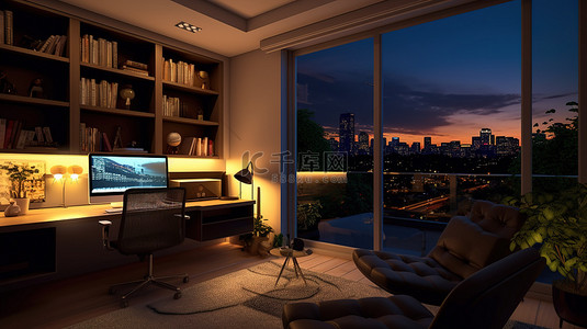 最美工作瞬间背景图片_具有精致夜间照明 3D 渲染的现代家居室内装饰