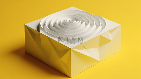 孤立的背景展示了一个白色的几何 3D 图形，周围环绕着美丽的黄纸