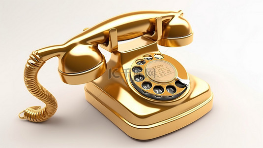 白色背景下的老式金色旋转电话的 3D 渲染