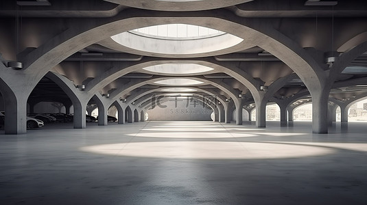 商業大廈背景图片_未来派混凝土建筑 3D 渲染，带有空水泥地板和停车场