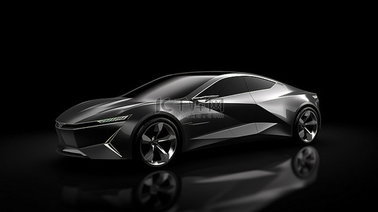 灰色轿跑车插件混合 3D 渲染概念跑车，在时尚的黑色背景上具有高级功能