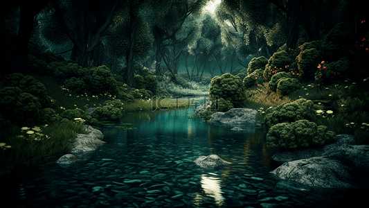 梦幻蘑菇背景图片_森林水石头背景