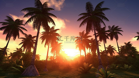 棕榈树在 3D 热带环境中与日落天空