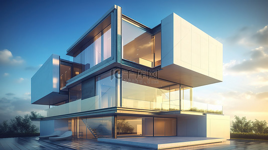 白色模型大楼背景图片_现代立方体房屋的详细 3D 模型