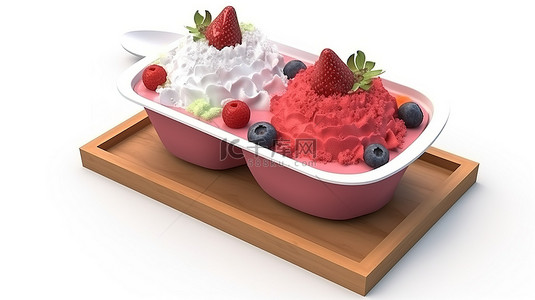 卡通风格 3d 渲染托盘套装，草莓 bingsu 刨冰隔离在白色背景上