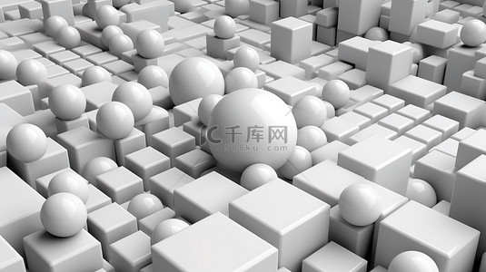 科技动态球背景图片_3D 渲染中的光泽白色立方体和球体创建抽象背景