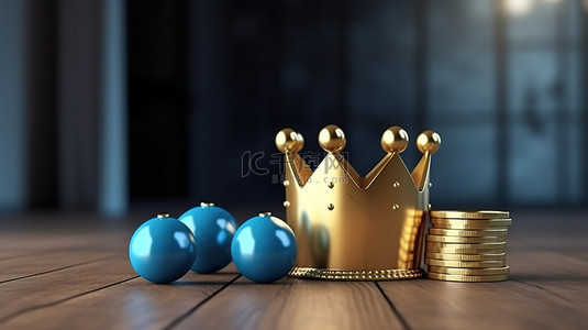 银行投资背景图片_金色王冠和蓝色存钱罐是储蓄和版税的象征性融合令人惊叹的 3D 渲染