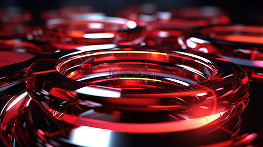 抽象红色耀斑背景 3D 插图上的未来金属和玻璃设备