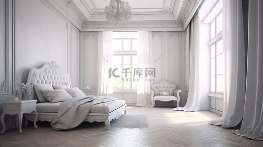 优雅的白色卧室室内设计我从窗户拍摄的 3D 渲染照片