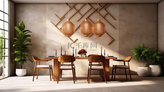 餐厅设计背景图片_时尚的餐厅设计 3D 渲染当代空间，配有混凝土地板和装饰木格子墙