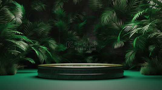 绿色热带背景图片_热带风格的 3D 渲染展示绿色平台，实现无缝产品植入