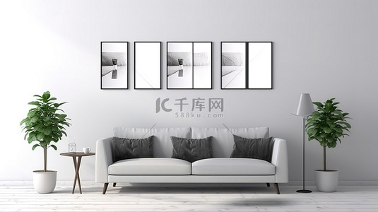 白色室内房间的海报框架模型，带有阳光阴影和灰色沙发 3D 渲染