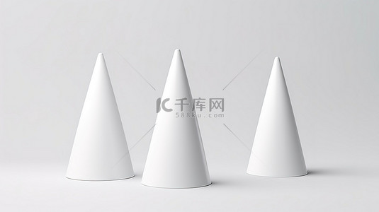 拿铁茶背景图片_在 3D 渲染的白色背景上的三重锥形白色纸杯模型