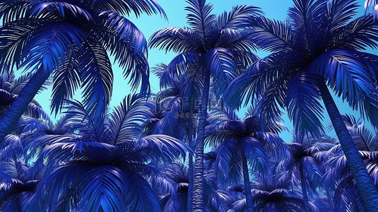 抽象热带背景图片_蓝色抽象图案 3d 渲染中的热带棕榈树