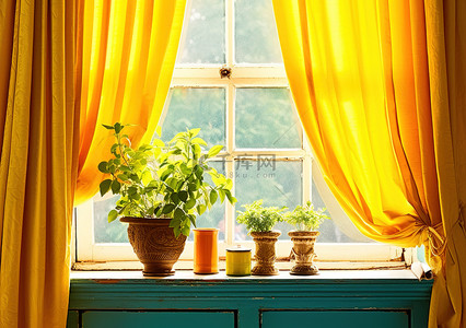 一扇带有黄色窗帘和花盆的窗户