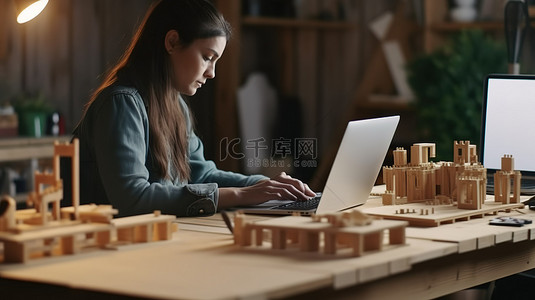 才华横溢背景图片_才华横溢的女木匠在制作之前在她的笔记本电脑上设计了一张令人惊叹的餐桌