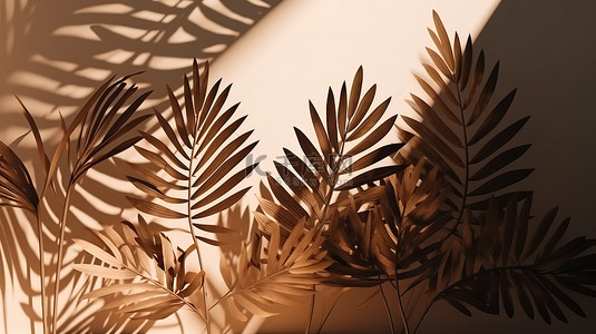叢林背景图片_墙上棕榈叶的 3D 渲染皮影戏抽象背景