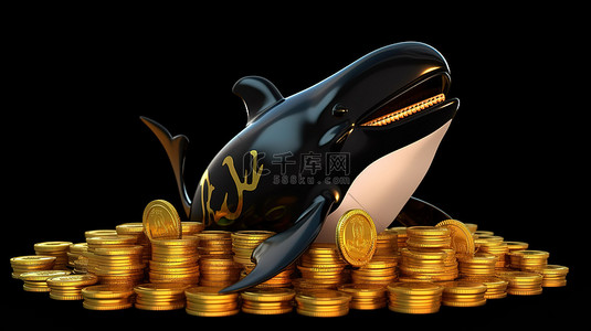 黑色背景下被比特币包围的卡通鲸鱼的 3D 插图
