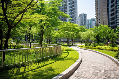 城市草地背景图片_背景是草地的城市里的一条绿色街道